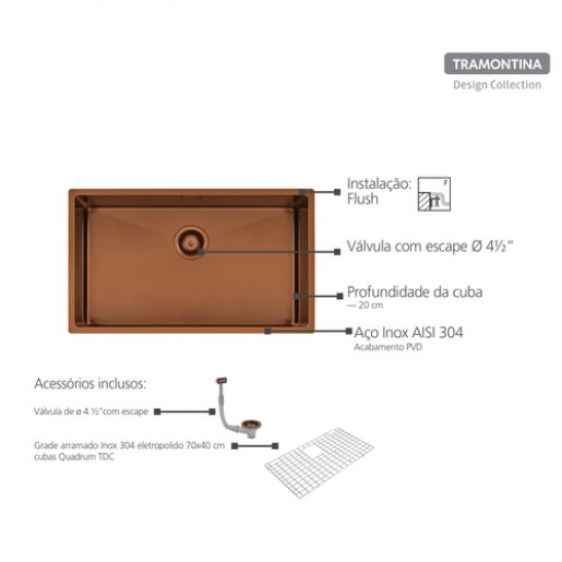 Cuba Tramontina Design Collection Quadrum em Aço Inox com Revestimento PVD Rose Gold 70x40 cm