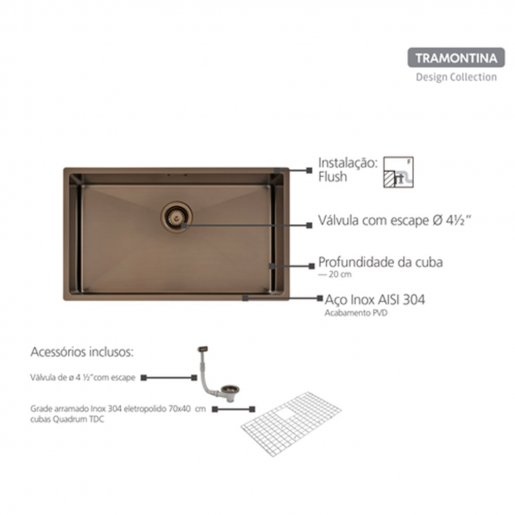 Cuba Tramontina Design Collection Quadrum em Aço Inox com Revestimento PVD Black 70x40 cm