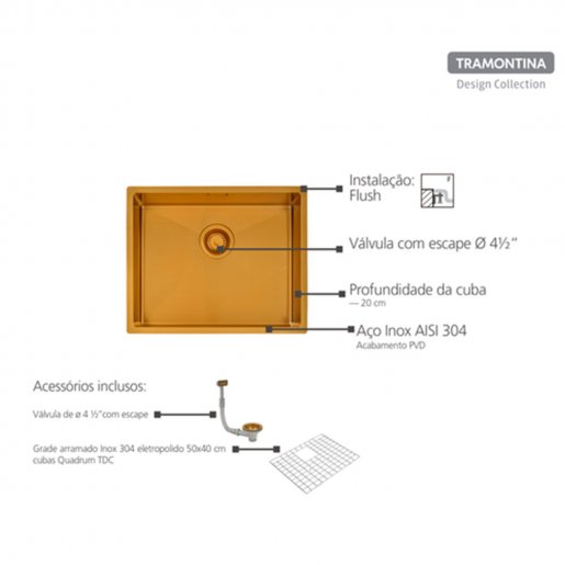 Cuba Tramontina Design Collection Quadrum em Aço Inox com Revestimento PVD Gold 50x40 cm